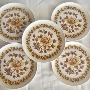 Vtg MCM Set of 5 Melamine Plastic 9" Dinner Plates Orange Yellow Roses w/ Leaves